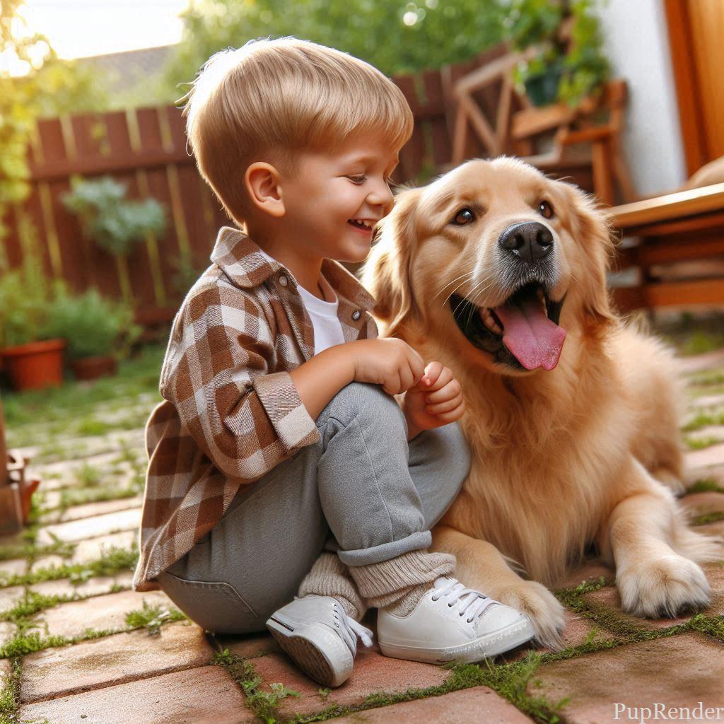 Child playing with a Golden Retriever in the backyard