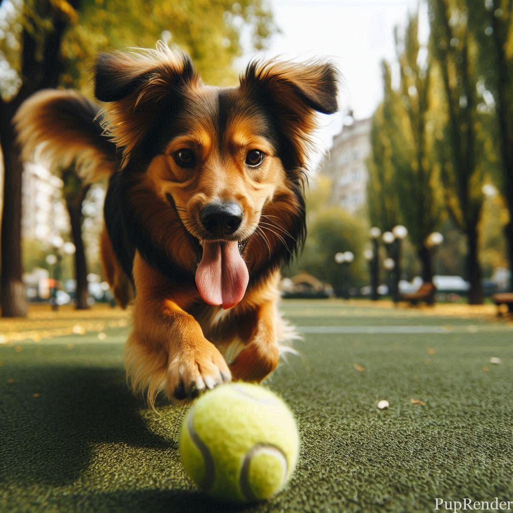 A dog chasing a durable tennis ball in the park.