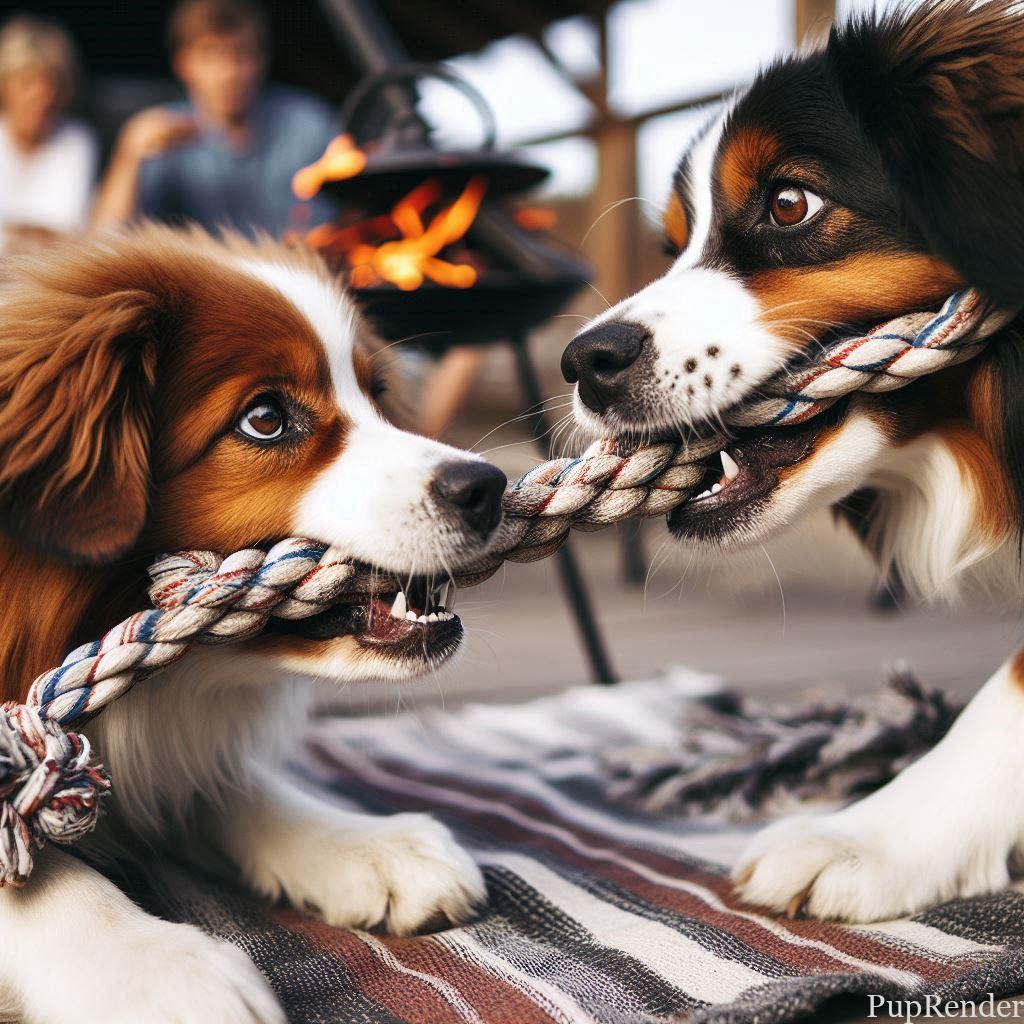 Two dogs playing tug-of-war with a rope toy.