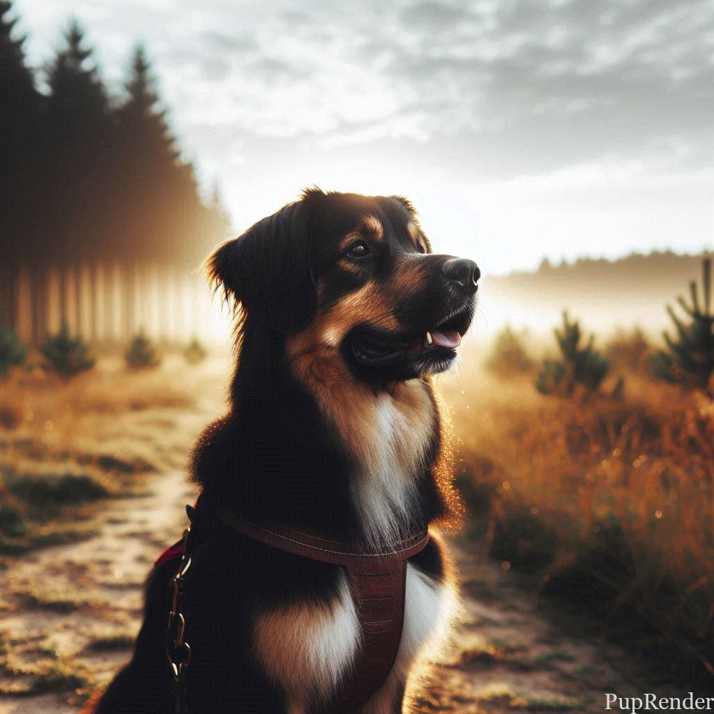 Dog sitting attentively during a morning training session.