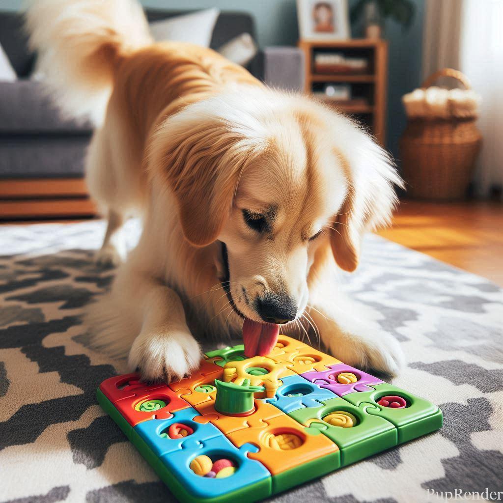 Dog playing with a puzzle toy