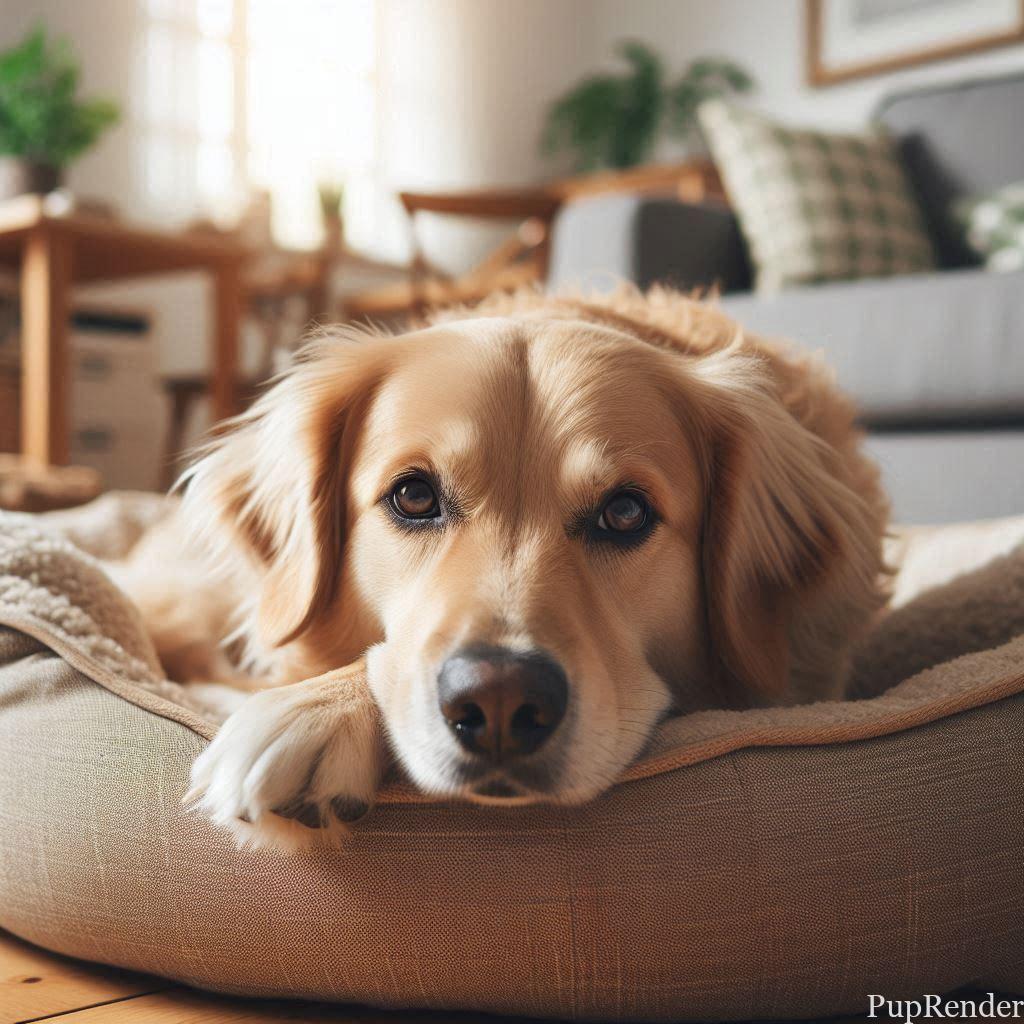 Calm dog lying on its bed at home.