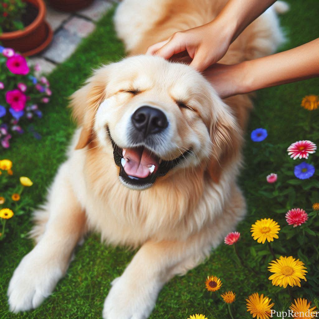 A hand scratches a Golden Retriever's back, and the dog's tongue hangs out in enjoyment.