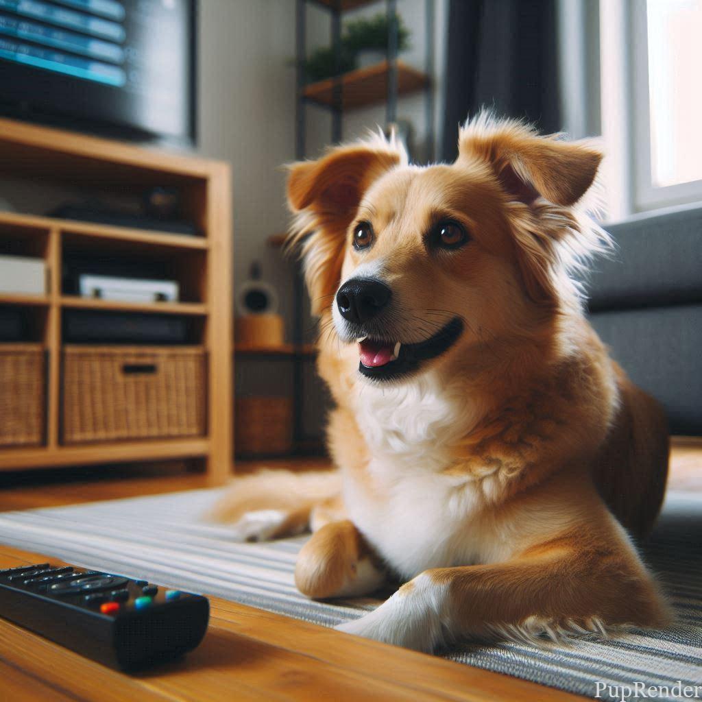 Labrador lying on a carpet with a TV in the background playing.