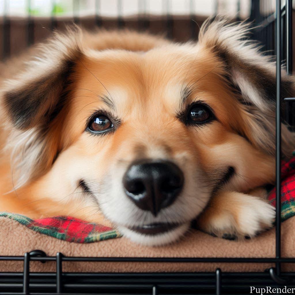 Dog happily resting in its crate.