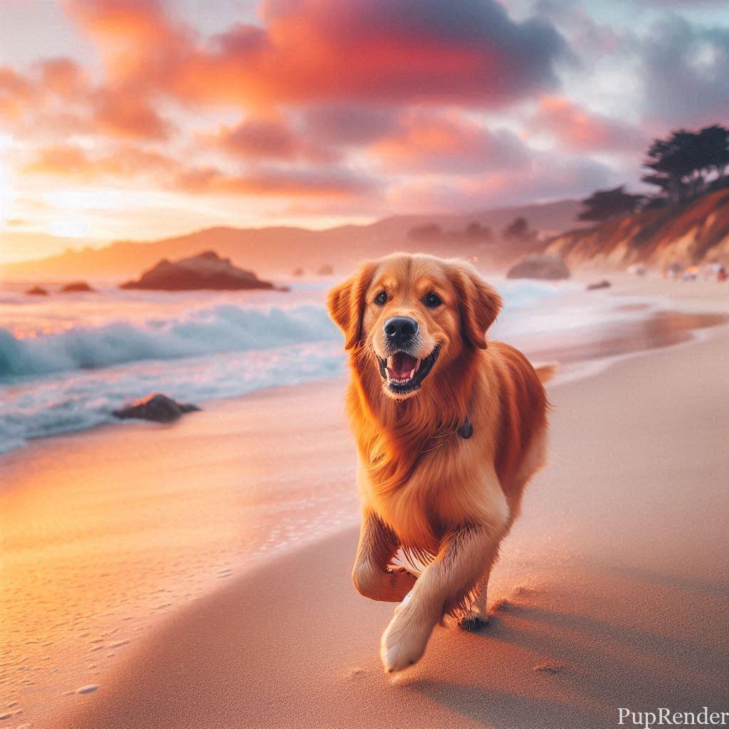 Dog walking on a beach with its owner