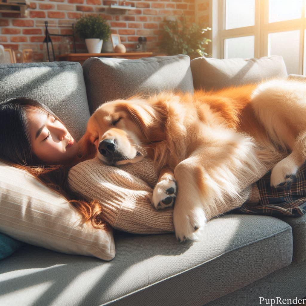 Dog cuddling with its owner on a couch.
