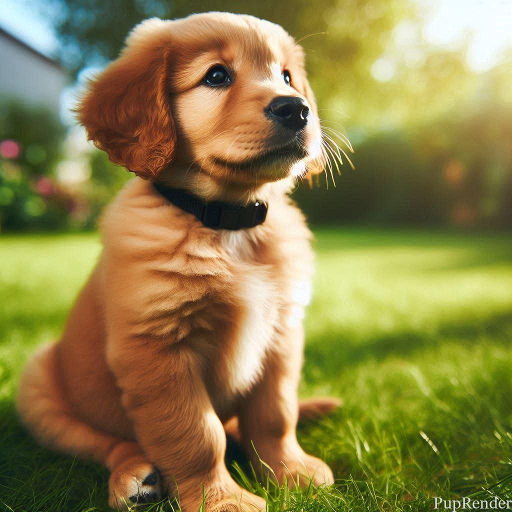 Puppy in training sitting on grass.