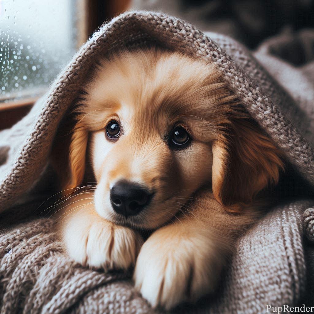 A scared dog hiding under a blanket during a thunderstorm.