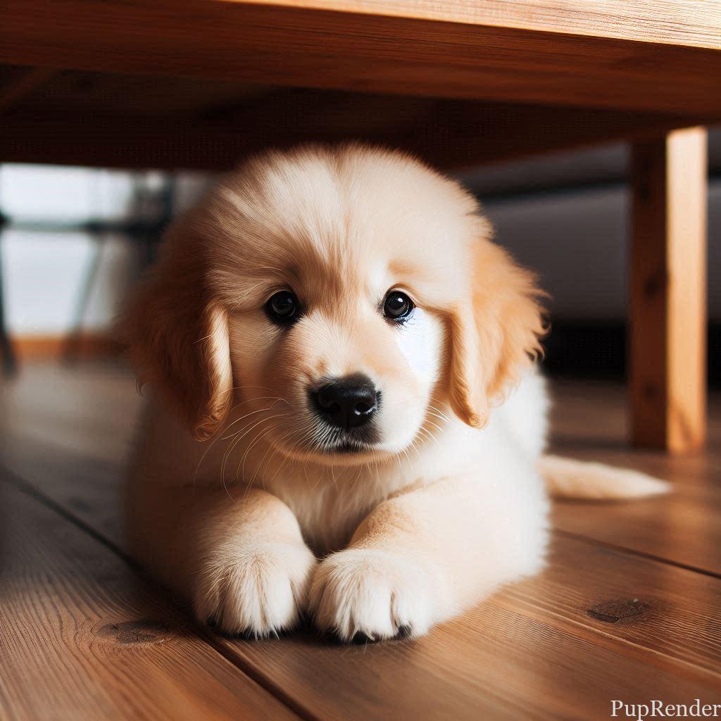 Dog hiding under a table