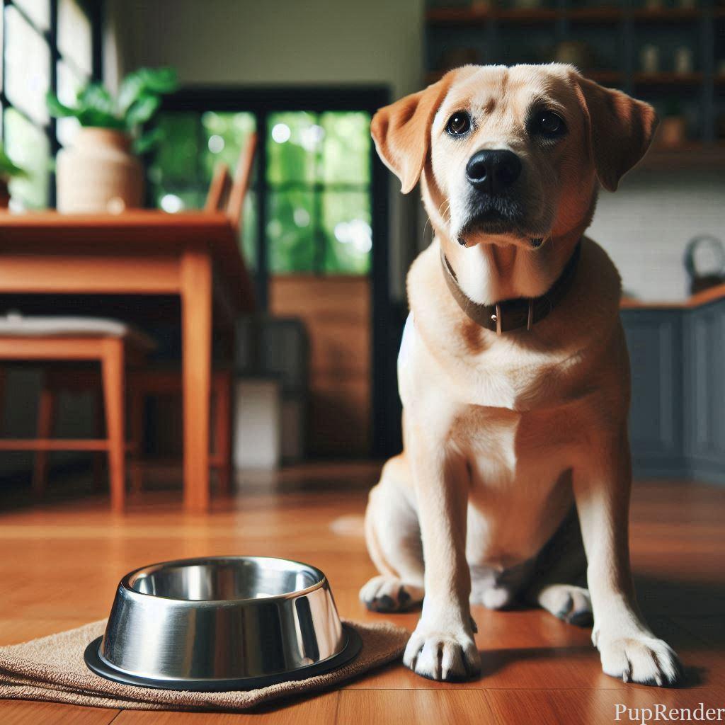 A dog sitting by a bowl at feeding time.