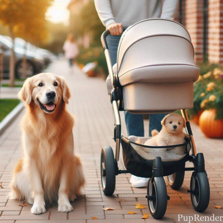 A parent walking their dog with a stroller