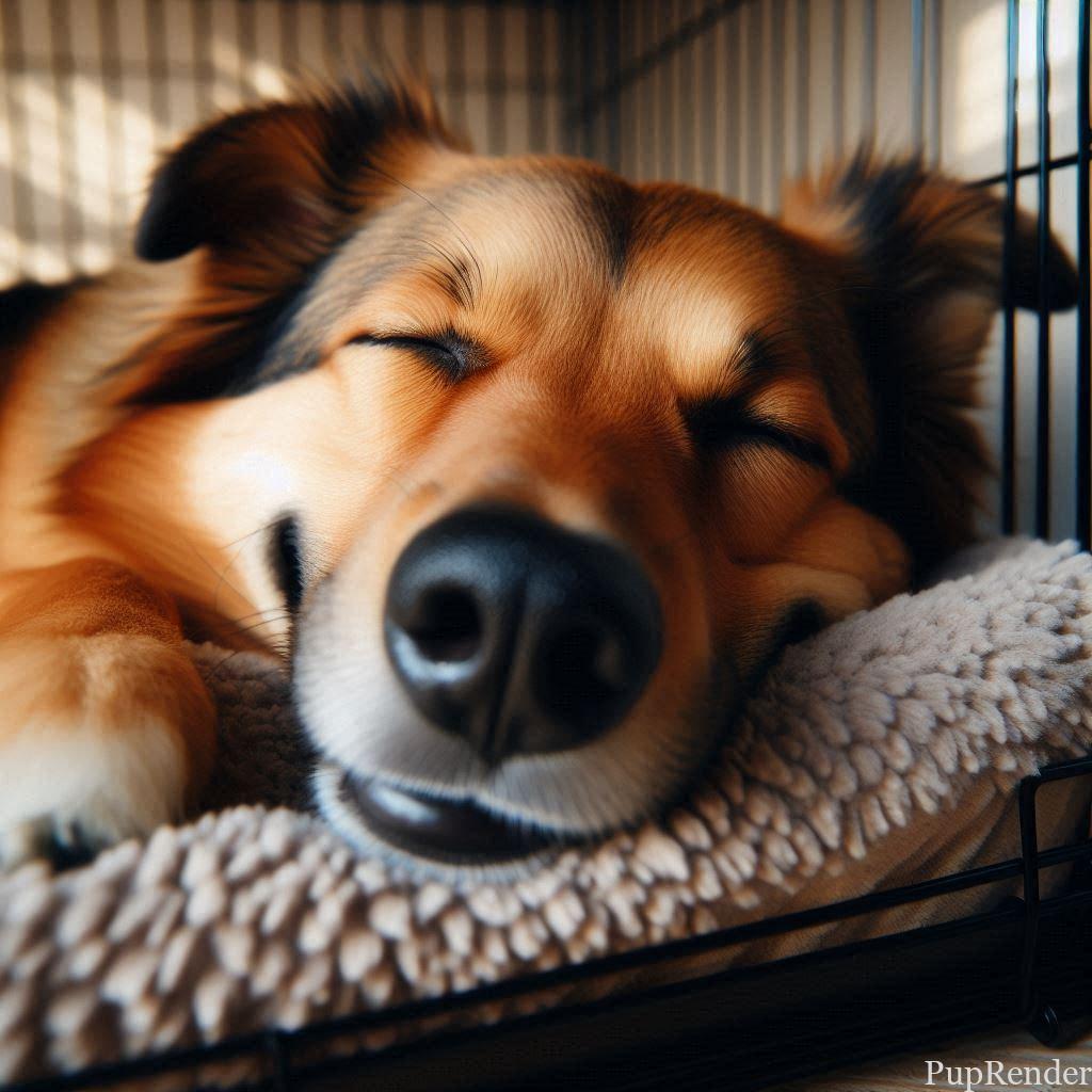 Dog resting comfortably in a crate