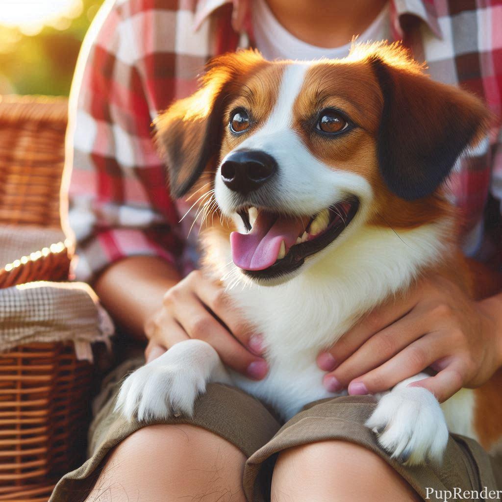 Dog and owner sitting together happily.