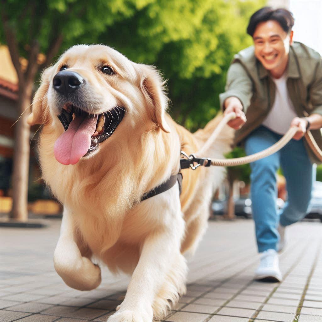Dog pulling on a leash during a walk.
