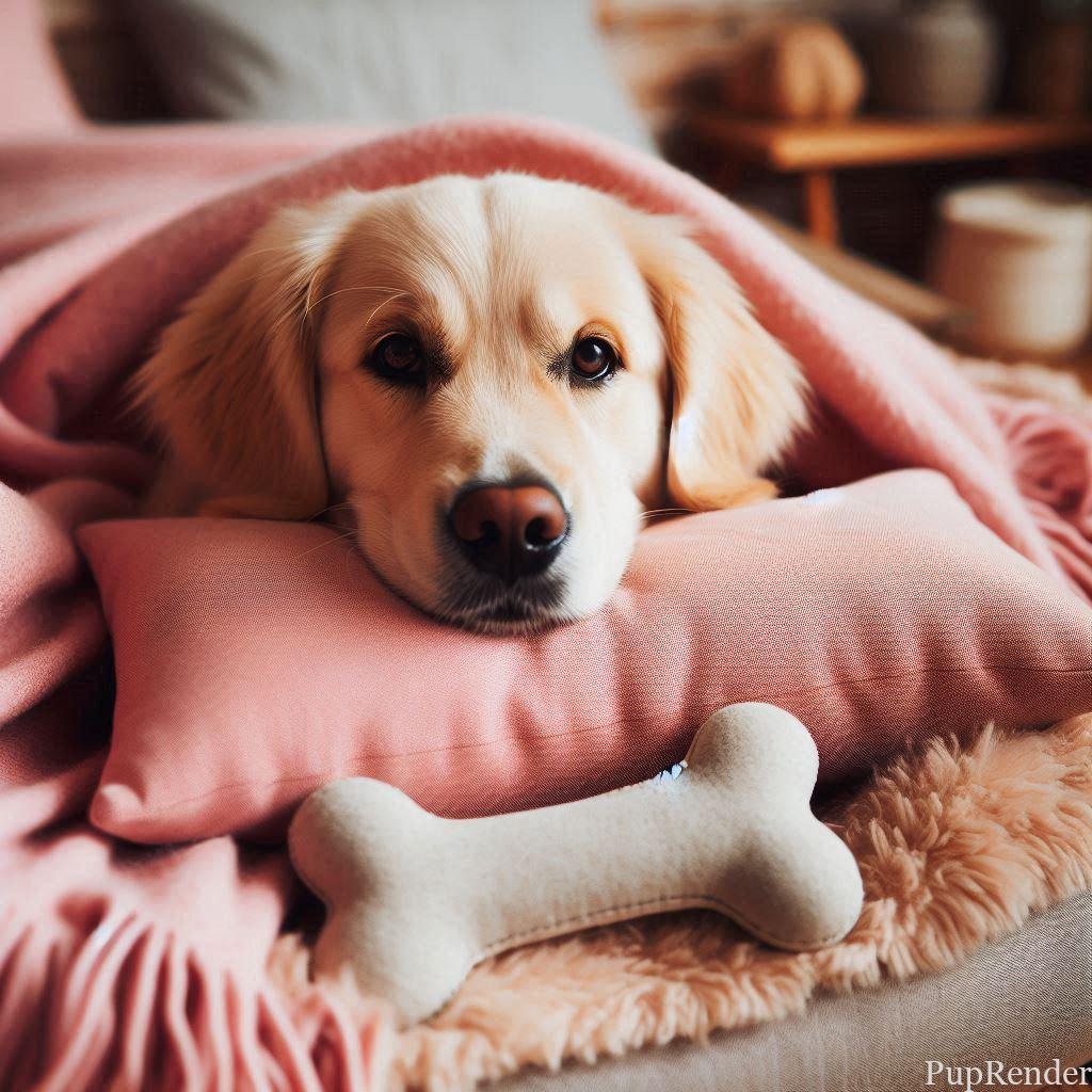 Dog calmly lying on its bed alone