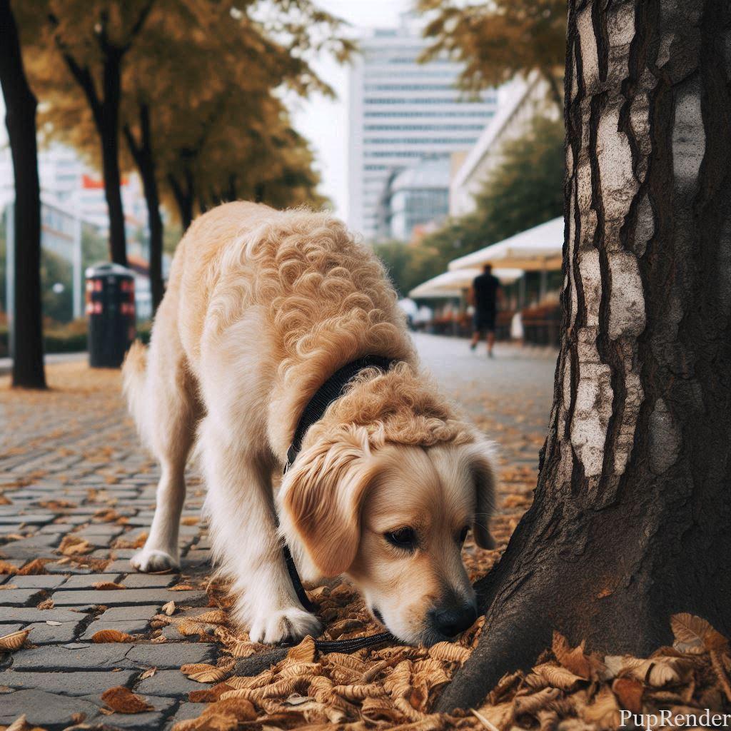 A nervous dog sniffing the ground in an unfamiliar park.