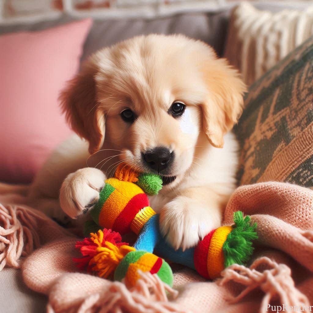 Dog chewing a toy on the couch