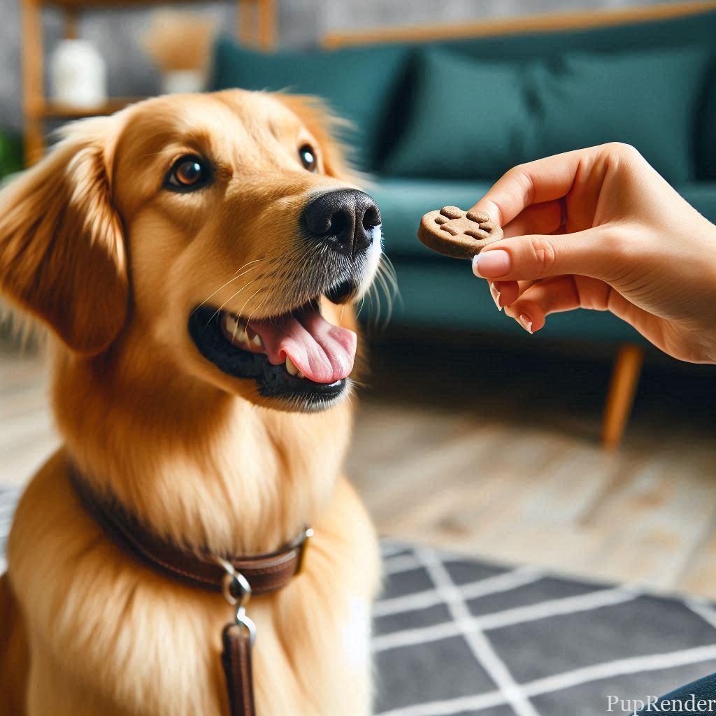 Dog receiving a treat from owner for obeying a command