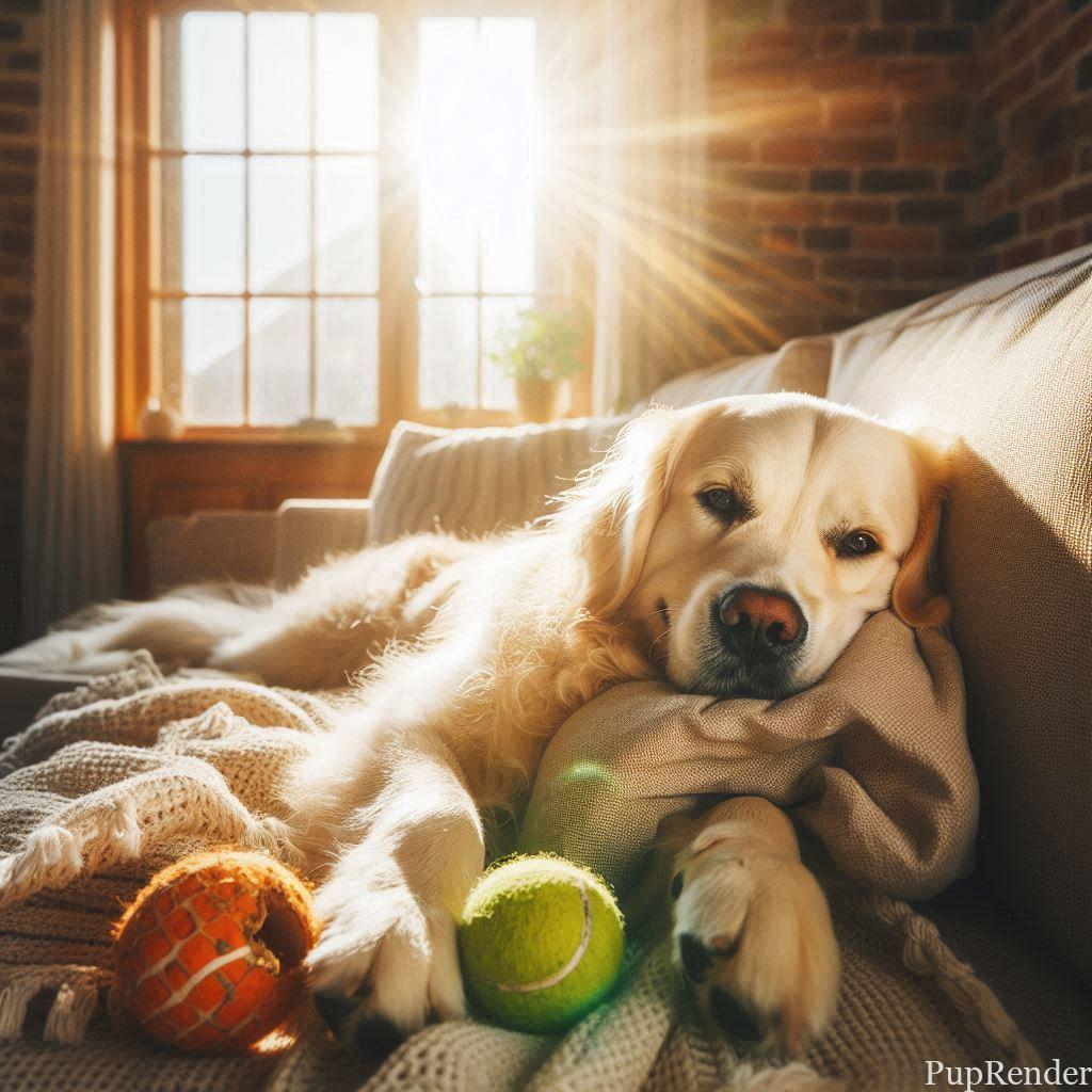 A dog relaxing peacefully with a family.