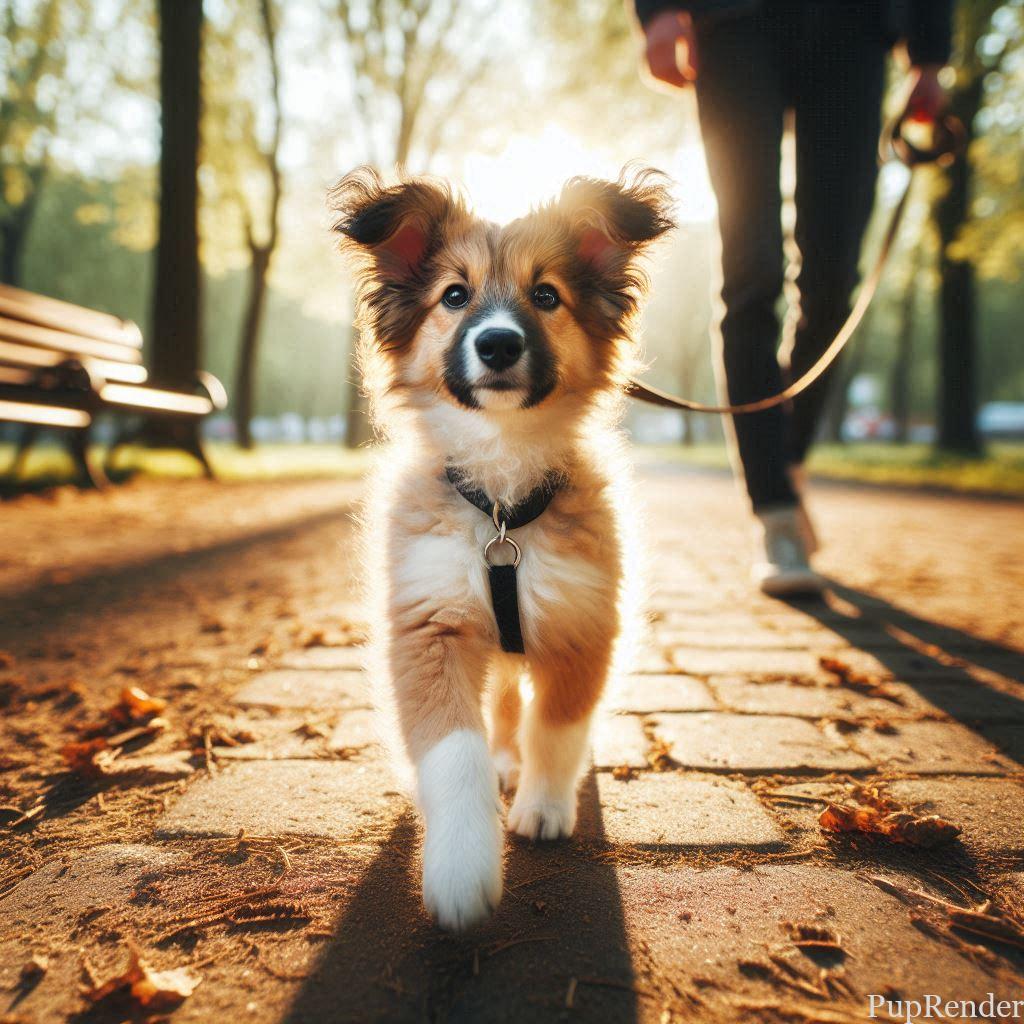 Dog and owner practicing leash training in a park.