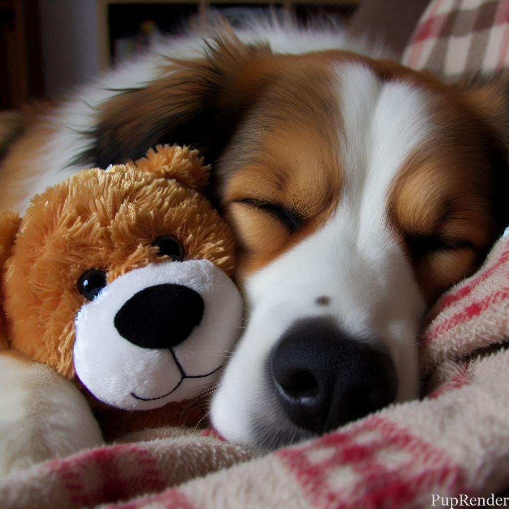 A dog snuggling with a soft plush toy.