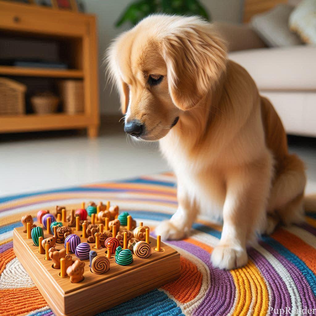 Dog solving a puzzle toy