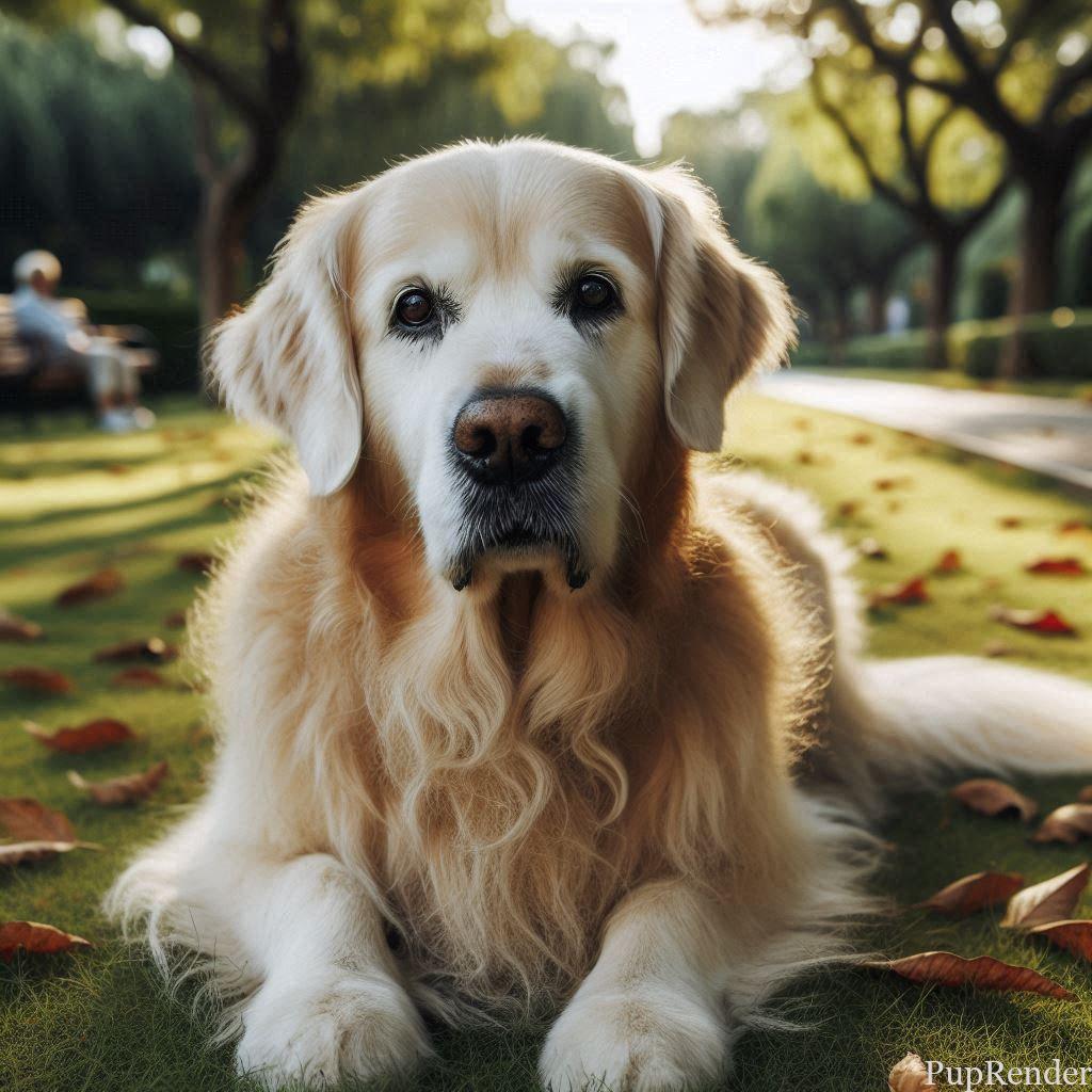 Elderly dog resting after training session.