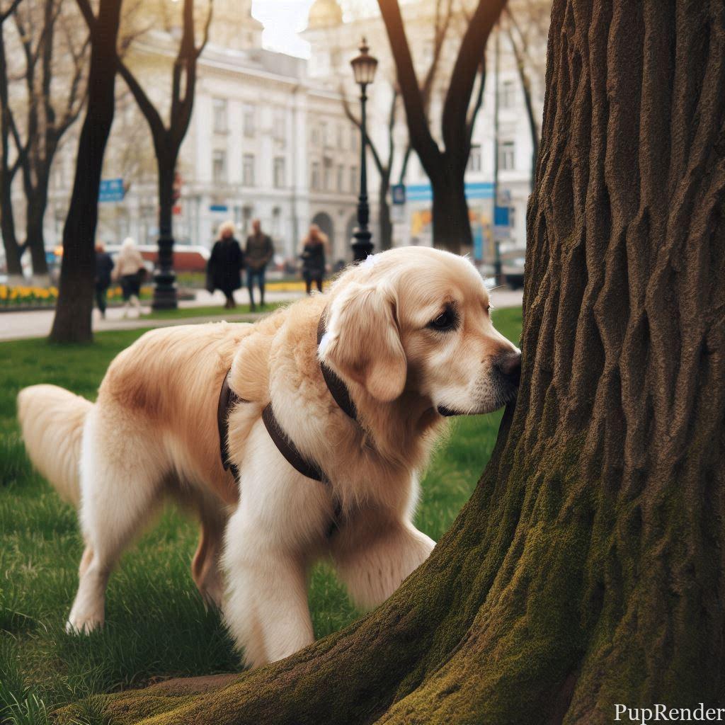 A nervous dog sniffing the ground in an unfamiliar park.