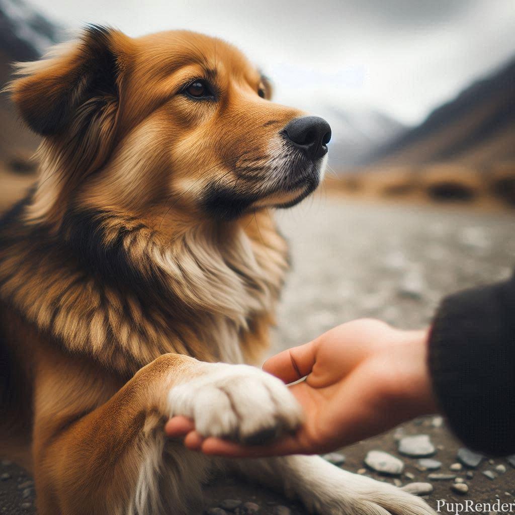 A dog calmly allowing its paw to be handled.