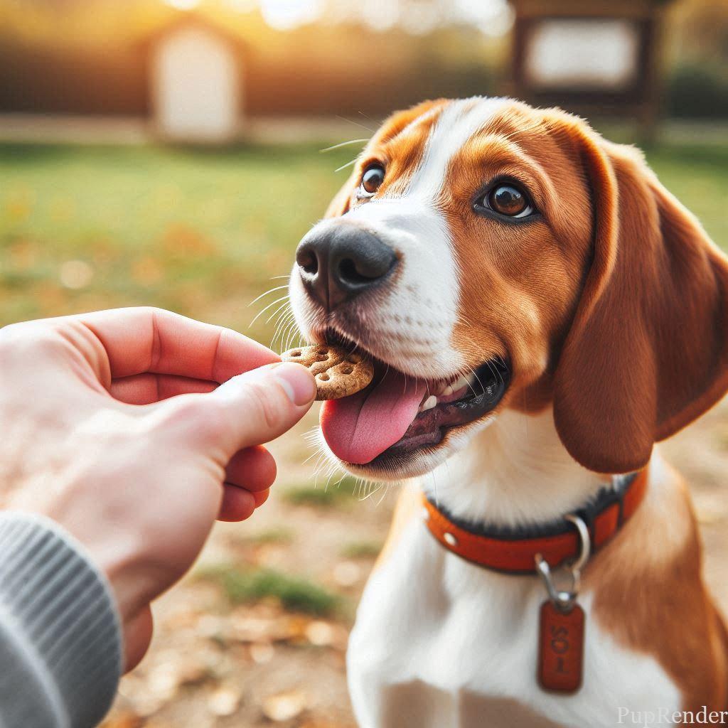 Dog receiving a treat as a reward during training.