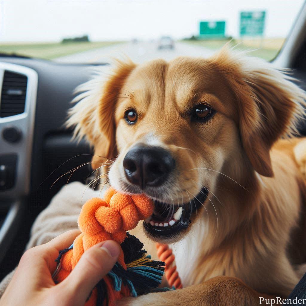A dog playing with a chew toy during a road trip.