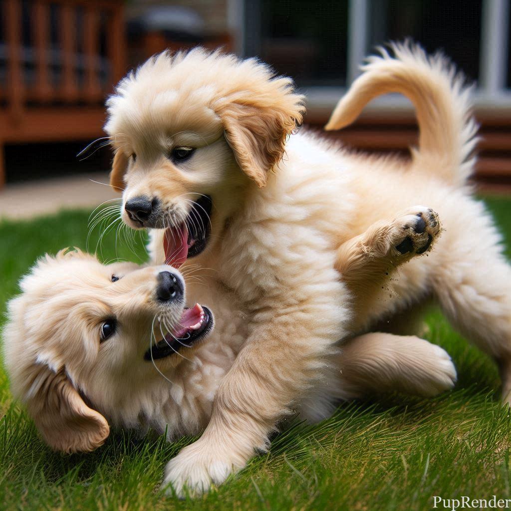 two puppies play fighting