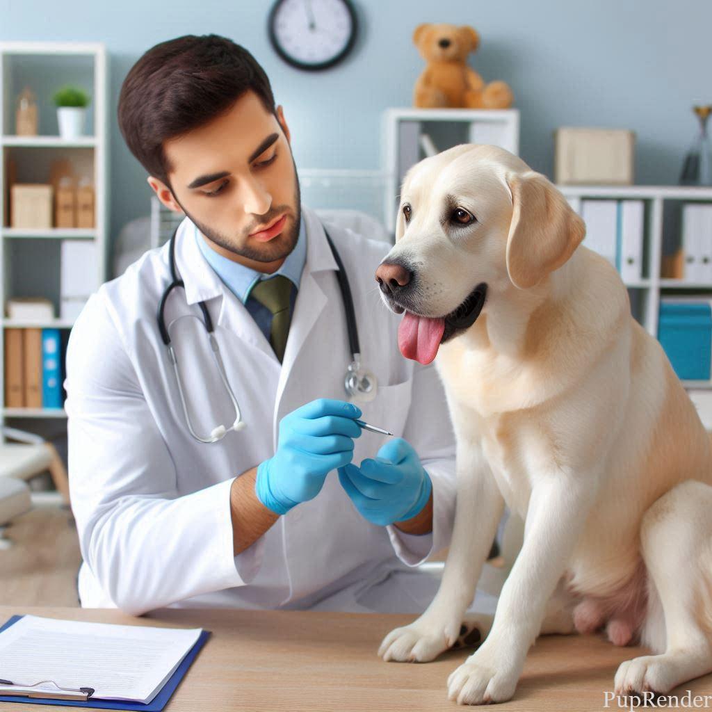Veterinarian consulting with a dog owner.
