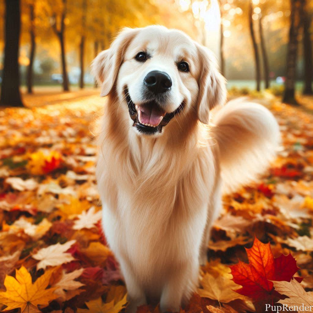 Dog walking through autumn leaves