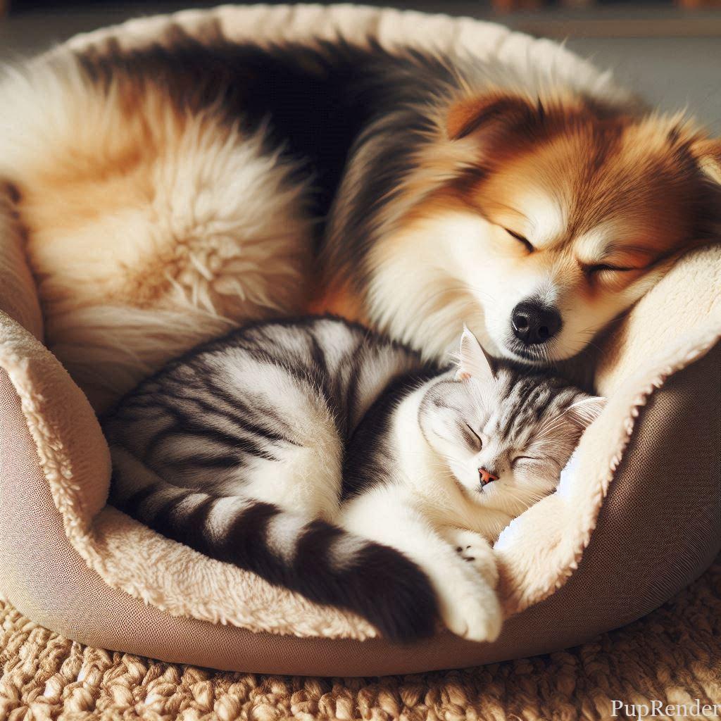Happy dog and cat relaxing together at home.