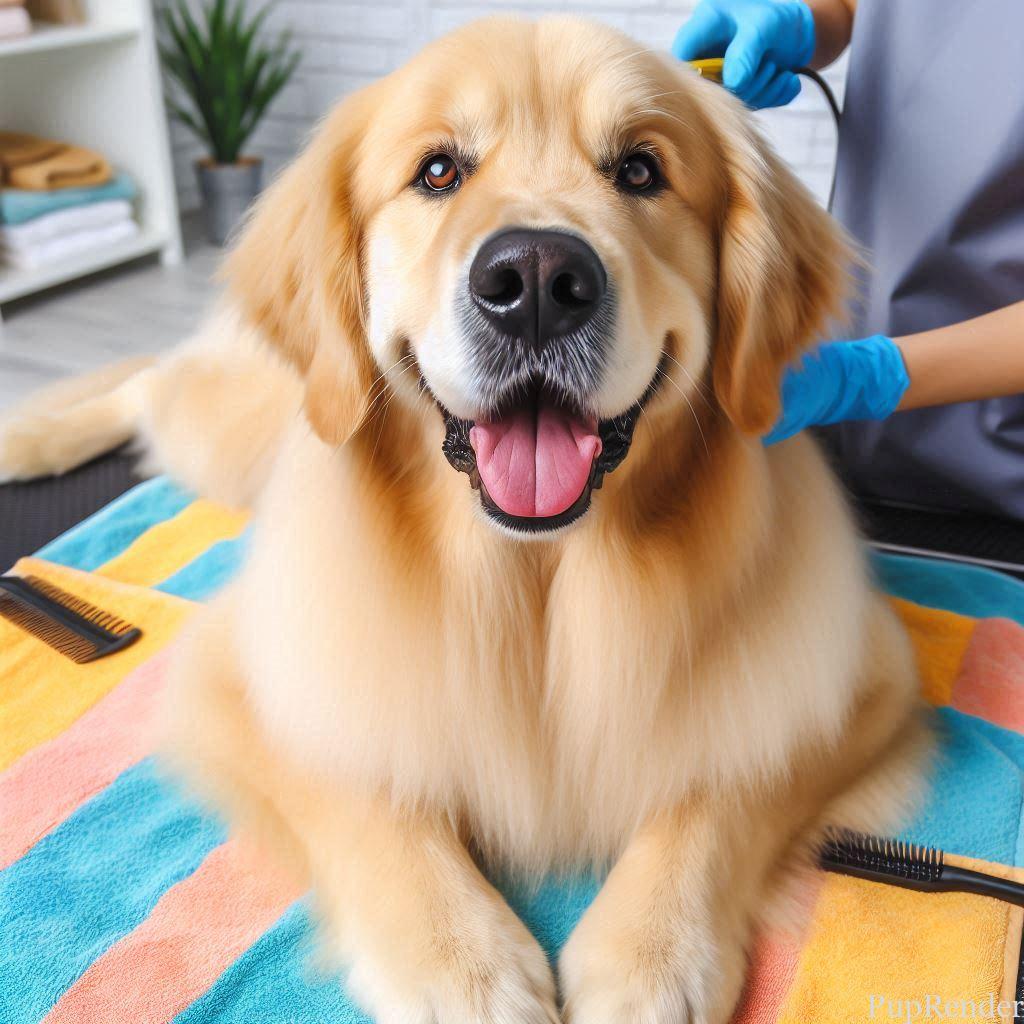 A smiling dog receiving grooming care.