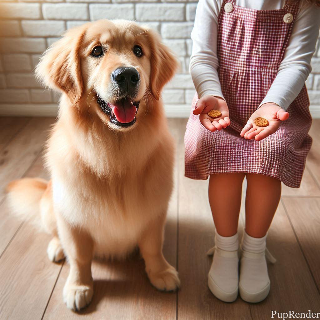 A dog resisting the temptation of a treat on the ground.