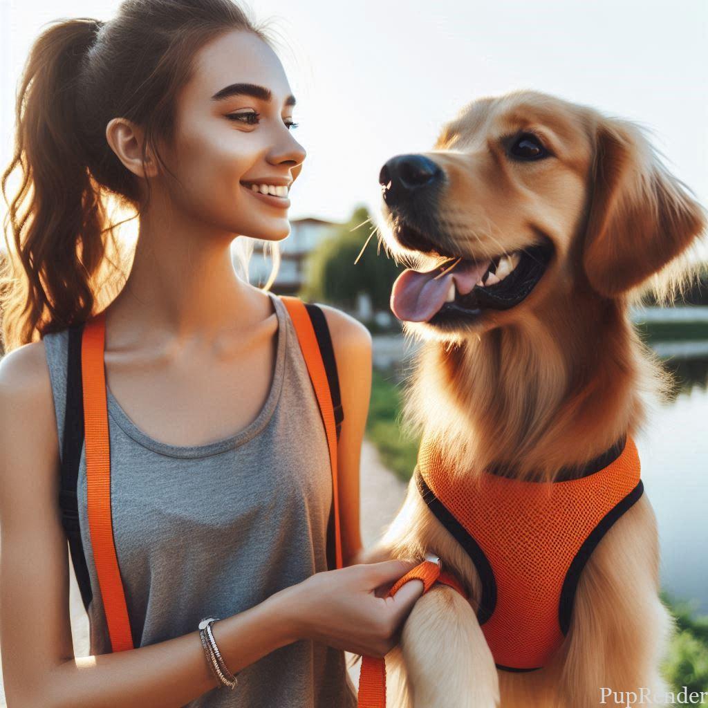 Golden wearing a harness
