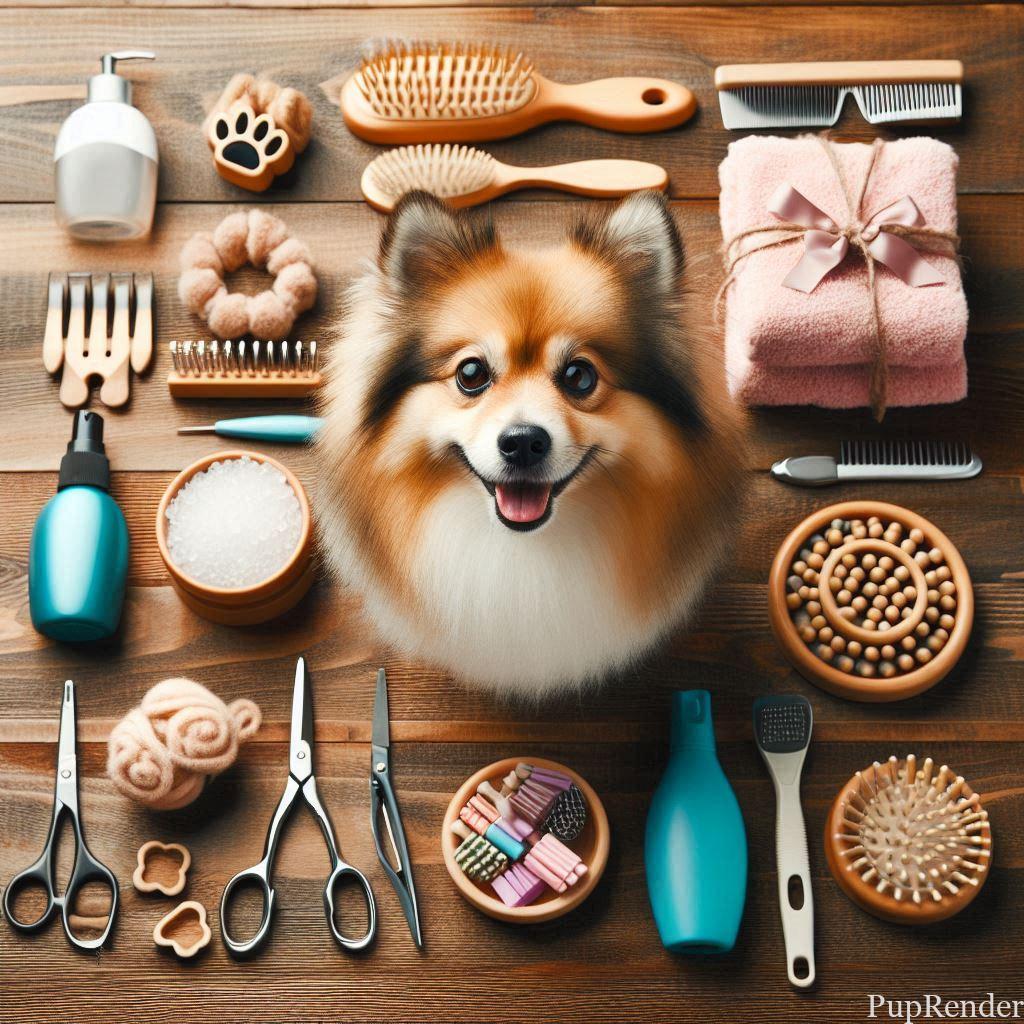 Dog grooming tools laid out on a table