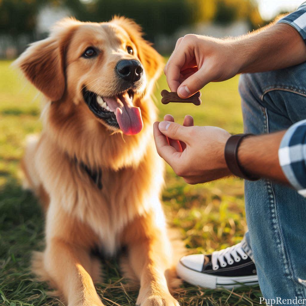 Dog getting a treat after following a command.
