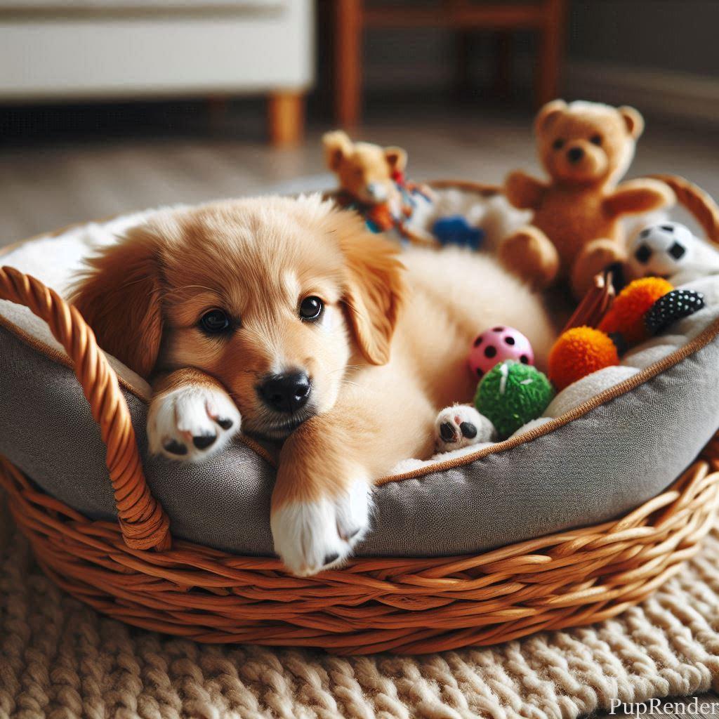 Dog lying calmly in a designated safe space.