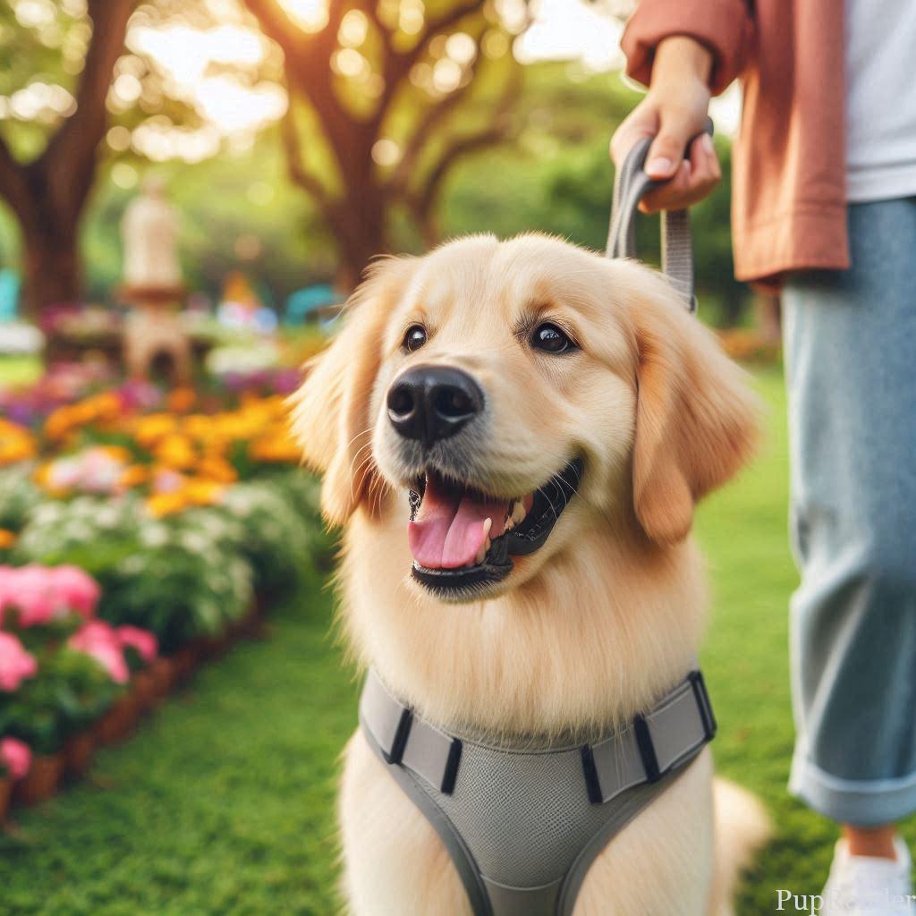 Dog wearing a no-pull harness during leash training