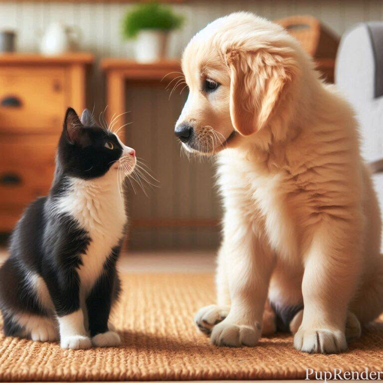 Dog and cat interacting cautiously