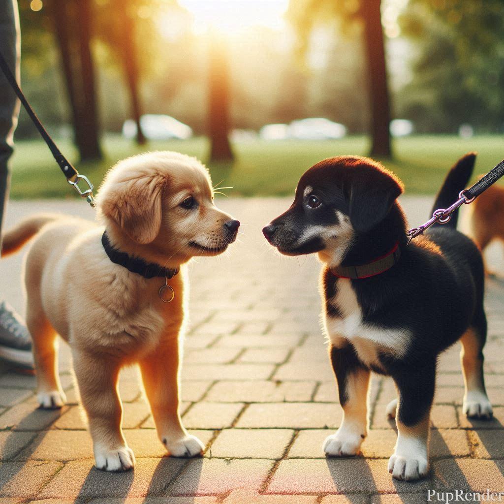 Two dogs meeting on a leash in a park.