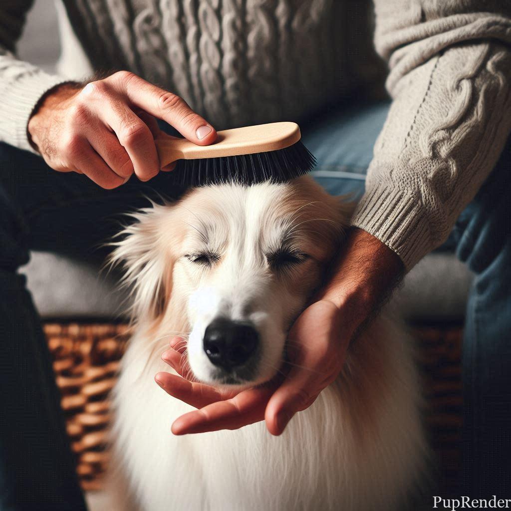 Owner brushing dog’s fur with a gentle brush.