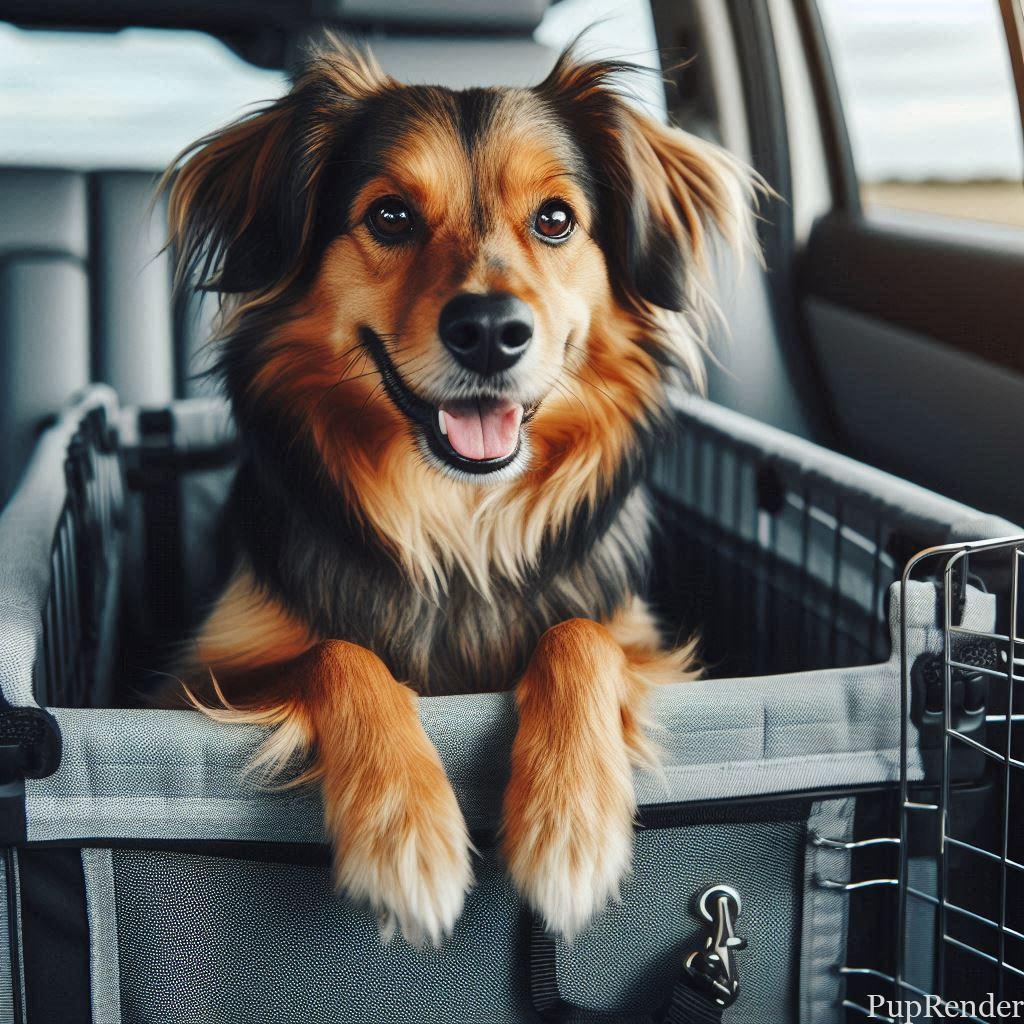 Dog sitting comfortably in a travel crate during a road trip.