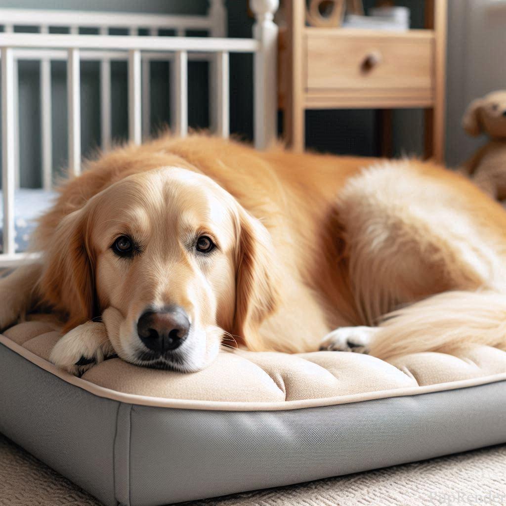 A Golden Retriever on an orthopedic dog bed.