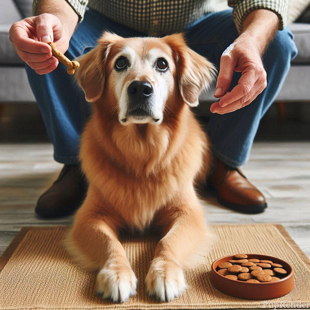 Senior dog learning to sit.