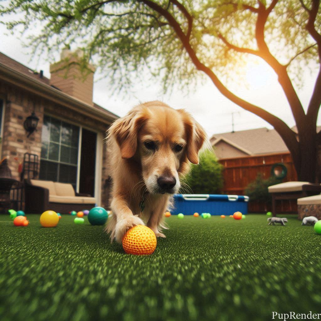 Dog exploring a stimulating yard environment.